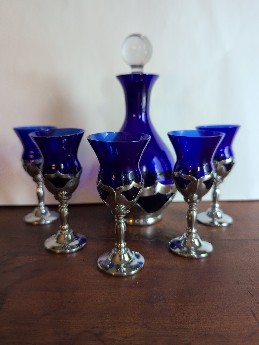 Vintage Farber Bros Krome Kraft Cobalt Blue Decanter w/ Stopper And 5 Glasses